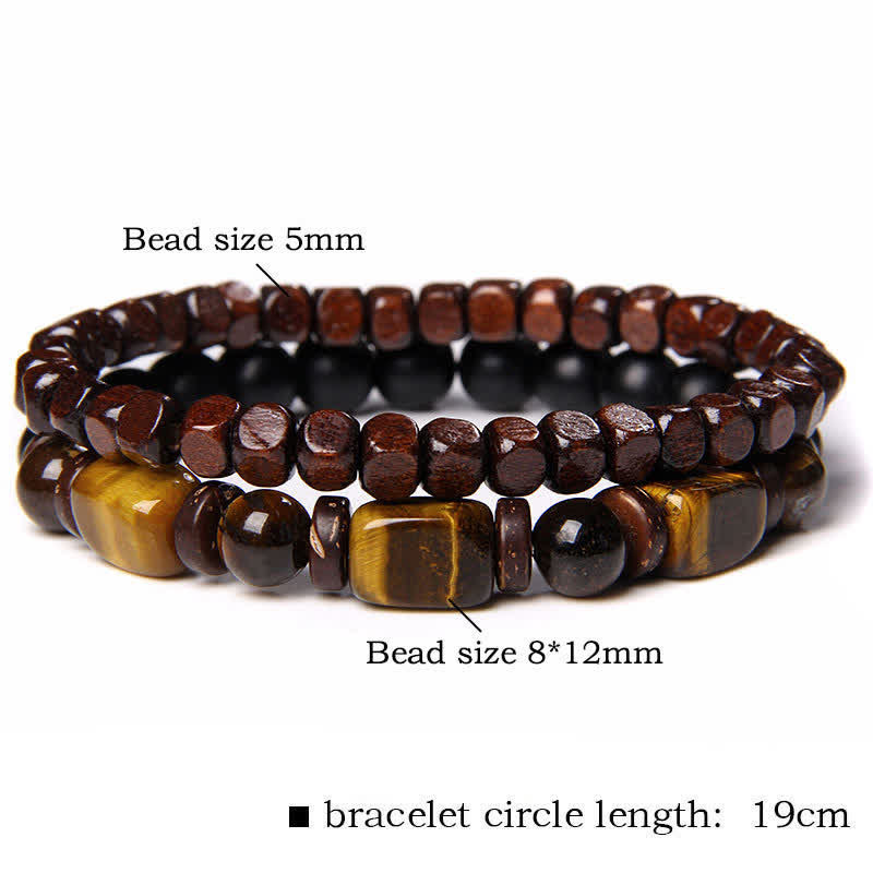 Buddha Stones Pulsera de fuerza cuadrada de doble vuelta con cuentas de hematita ojo de tigre (2 piezas) - 2 piezas de ojo de tigre de madera cuadrada (circunferencia de la muñeca: 16–17 cm) - image 1
