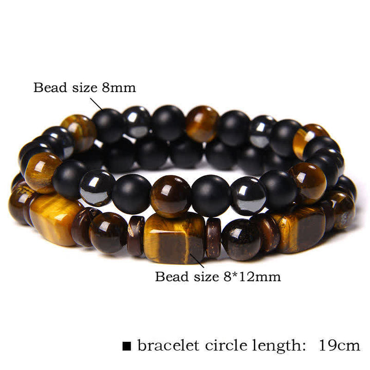 Buddha Stones Pulsera de fuerza cuadrada de doble vuelta con cuentas de hematita ojo de tigre (2 piezas) - 2 unidades de cristal negro hematita ojo de tigre (circunferencia de la muñeca: 16–17 cm) - image 2