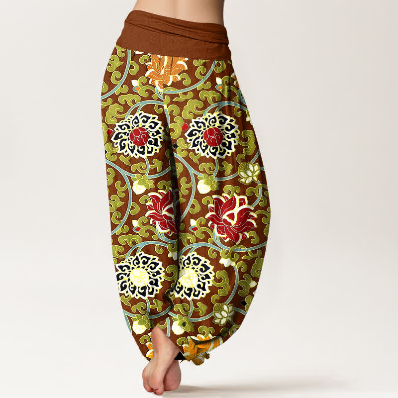 Buddha Stones Pantalones harem de mujer con cintura elástica y estampado bohemio de enredadera de loto, de algodón puro. - image 6
