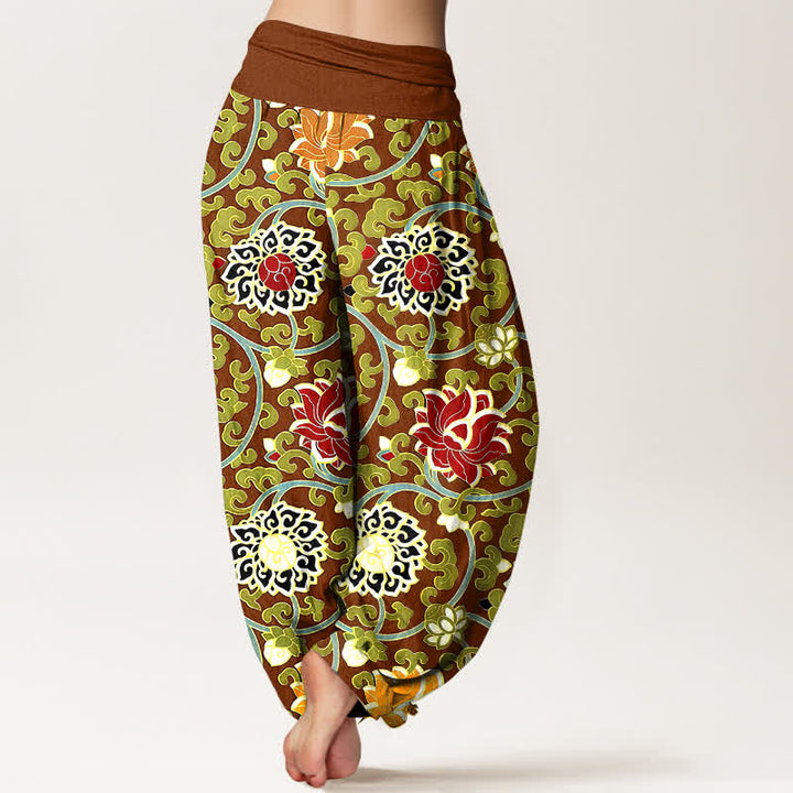 Buddha Stones Pantalones harem de mujer con cintura elástica y estampado bohemio de enredadera de loto, de algodón puro. - image 6