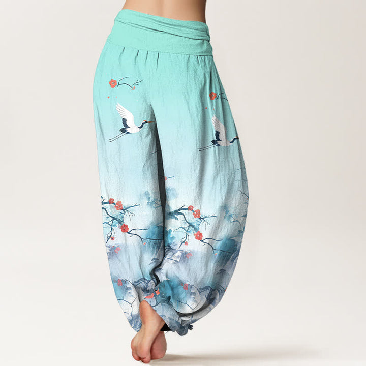 Buddha Stones Pantalones harem de mujer de algodón puro con estampado de grullas y flores en degradado azul. - image 6