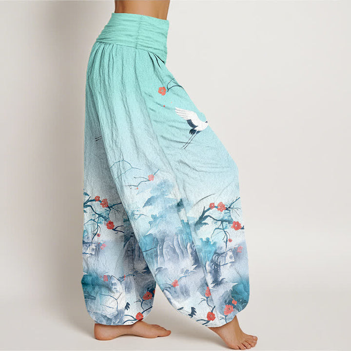 Buddha Stones Pantalones harem de mujer de algodón puro con estampado de grullas y flores en degradado azul. - image 7