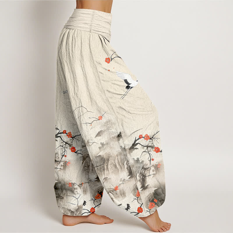 Buddha Stones Pantalones harem de mujer de algodón puro con estampado de grullas y flores en degradado azul. - image 10