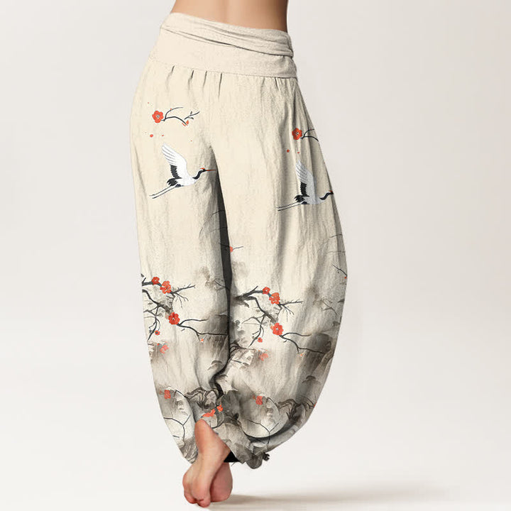 Buddha Stones Pantalones harem de mujer de algodón puro con estampado de grullas y flores en degradado azul. - image 9