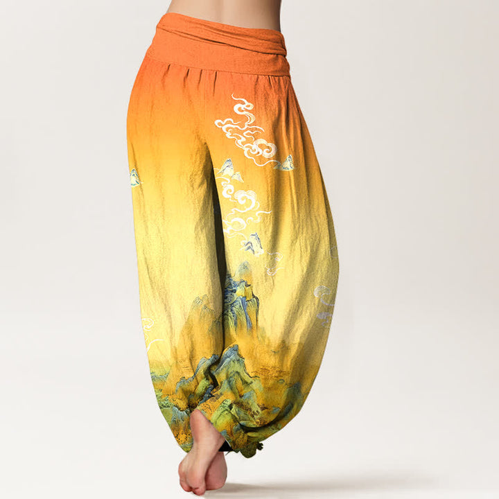 Buddha Stones Pantalones harem de mujer con cintura elástica y estampado degradado de montaña, de algodón puro con efecto lavado a la tinta. - image 9