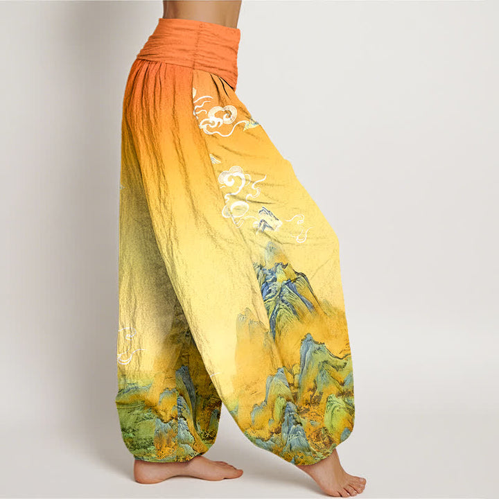 Buddha Stones Pantalones harem de mujer con cintura elástica y estampado degradado de montaña, de algodón puro con efecto lavado a la tinta. - image 10