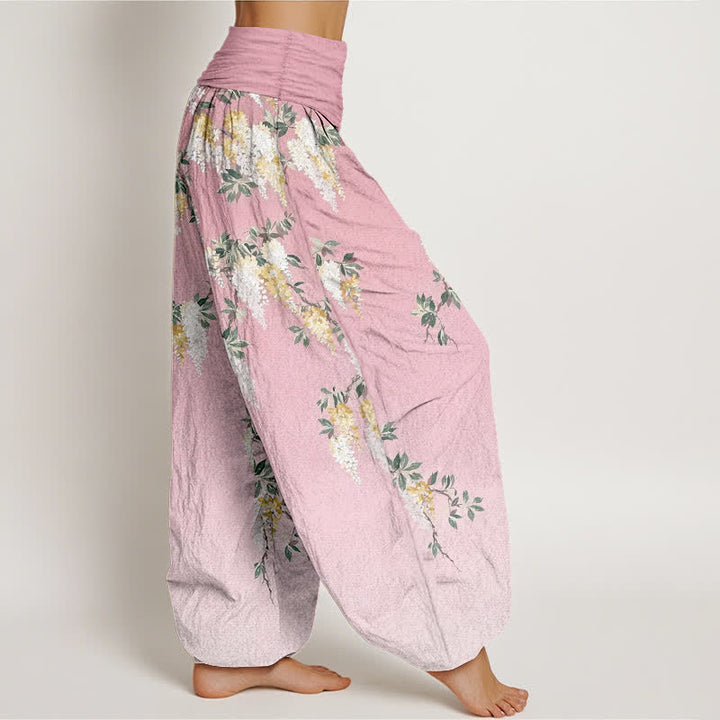 Buddha Stones Pantalones harem de mujer de algodón puro con estampado de flores blancas y amarillas y cintura elástica. - image 7