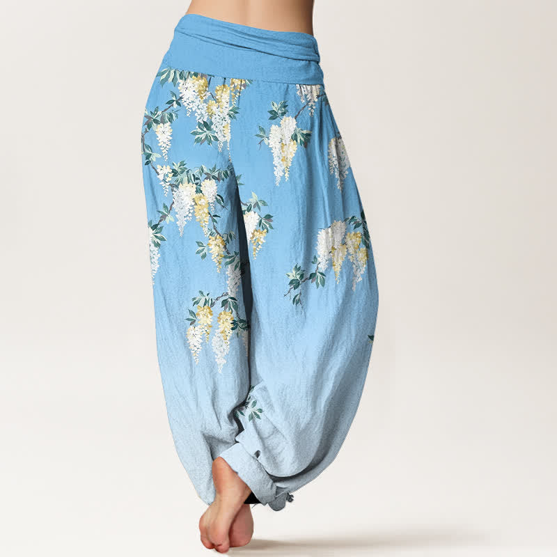 Buddha Stones Pantalones harem de mujer de algodón puro con estampado de flores blancas y amarillas y cintura elástica. - image 9