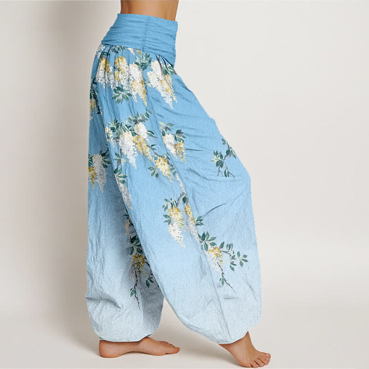 Buddha Stones Pantalones harem de mujer de algodón puro con estampado de flores blancas y amarillas y cintura elástica. - image 10