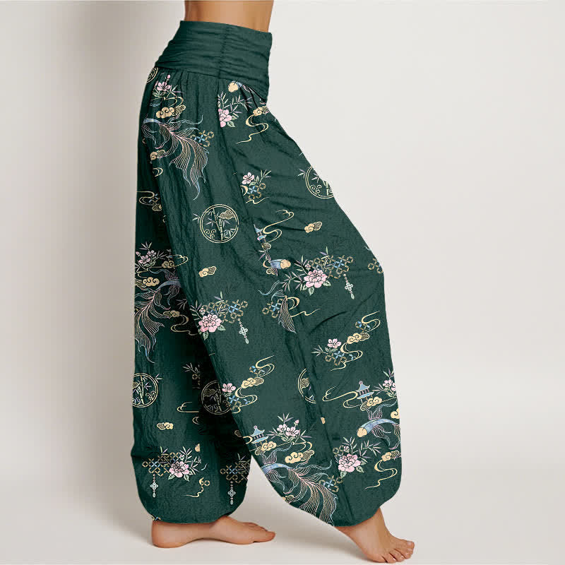 Buddha Stones Pantalones harem de algodón puro con estampado floral oriental y cintura elástica para mujer. - image 7