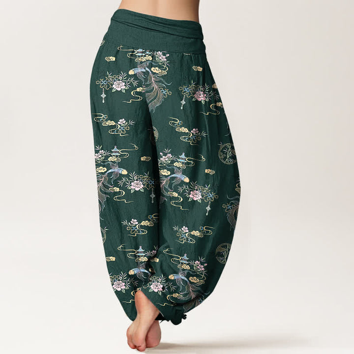 Buddha Stones Pantalones harem de algodón puro con estampado floral oriental y cintura elástica para mujer. - image 6