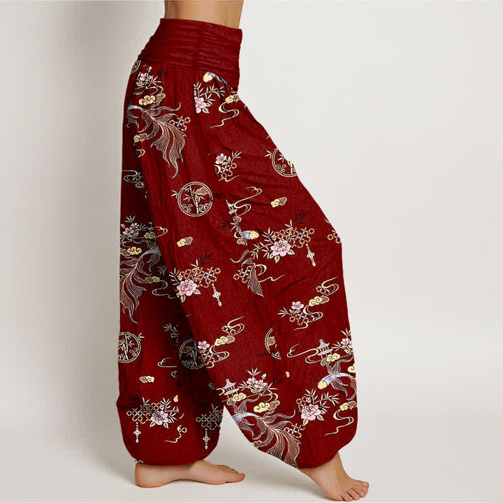 Buddha Stones Pantalones harem de algodón puro con estampado floral oriental y cintura elástica para mujer. - image 10