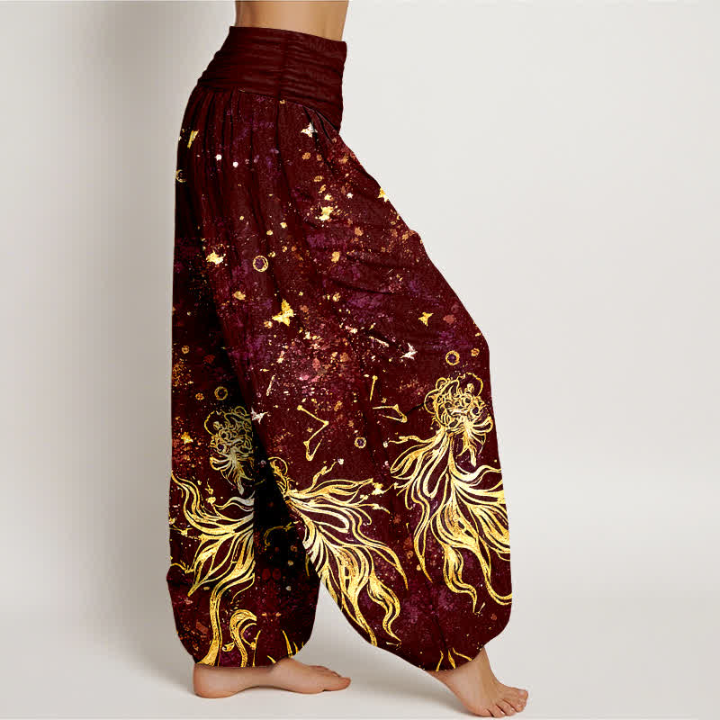 Buddha Stones Pantalones harem de mujer con cintura elástica y estampado de mariposas y galaxia celestial, de algodón puro. - image 7