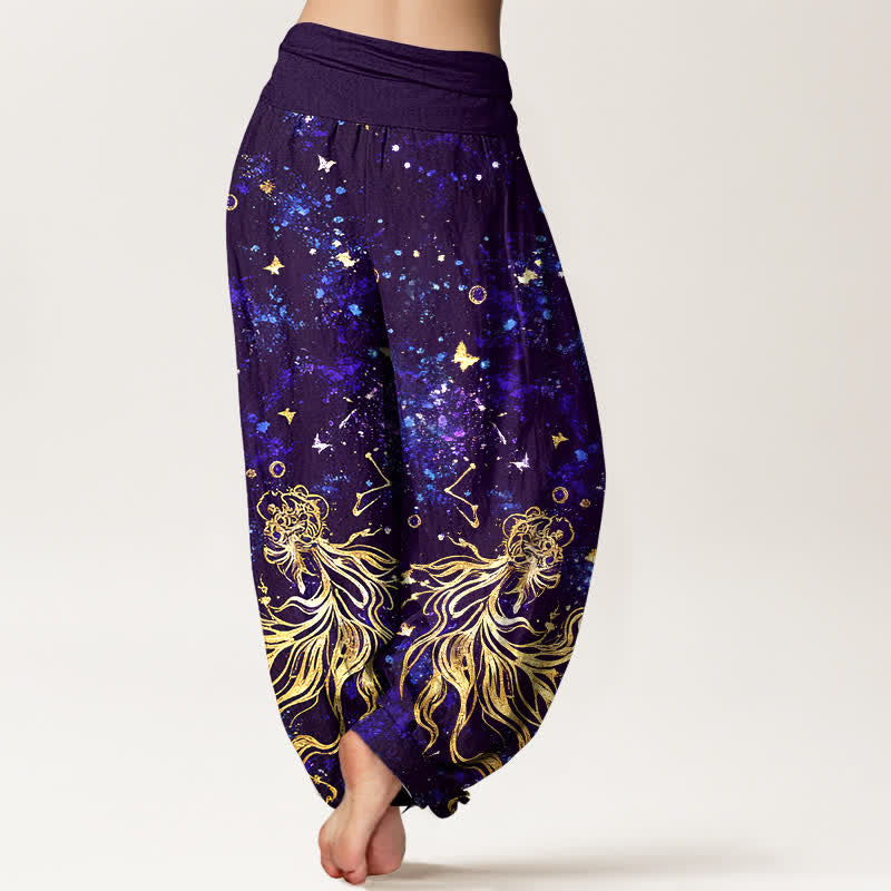 Buddha Stones Pantalones harem de mujer con cintura elástica y estampado de mariposas y galaxia celestial, de algodón puro. - image 9