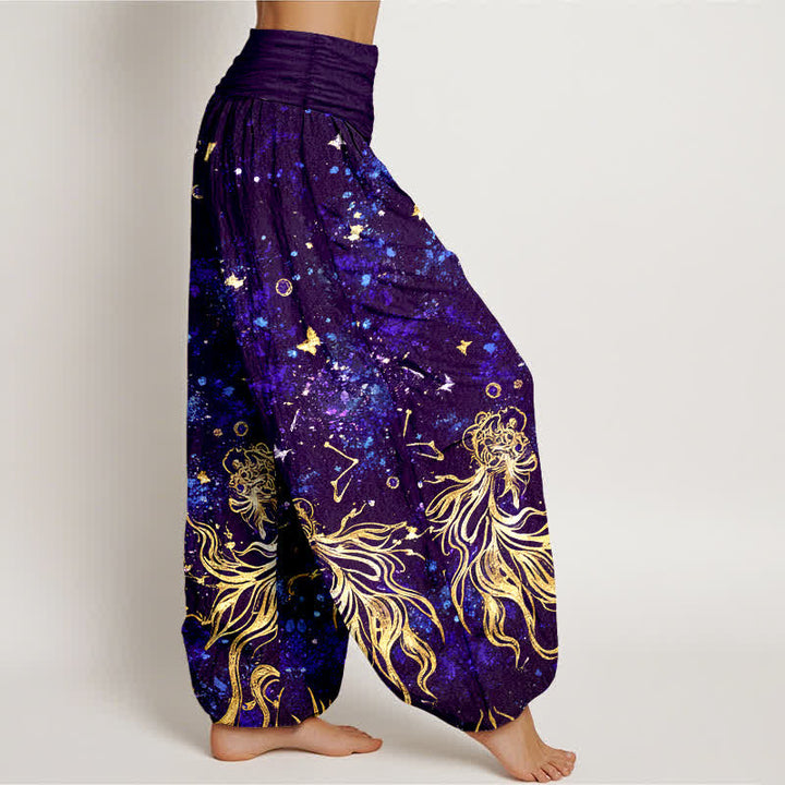 Buddha Stones Pantalones harem de mujer con cintura elástica y estampado de mariposas y galaxia celestial, de algodón puro. - image 10