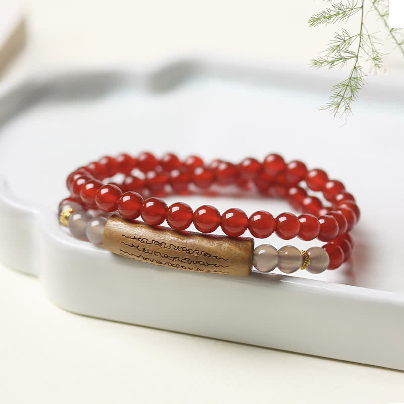 Buddha Stones Pulsera de equilibrio de doble vuelta con ágata roja y aventurina verde, con los cinco preceptos budistas. - Ágata roja Ágata gris - image 3