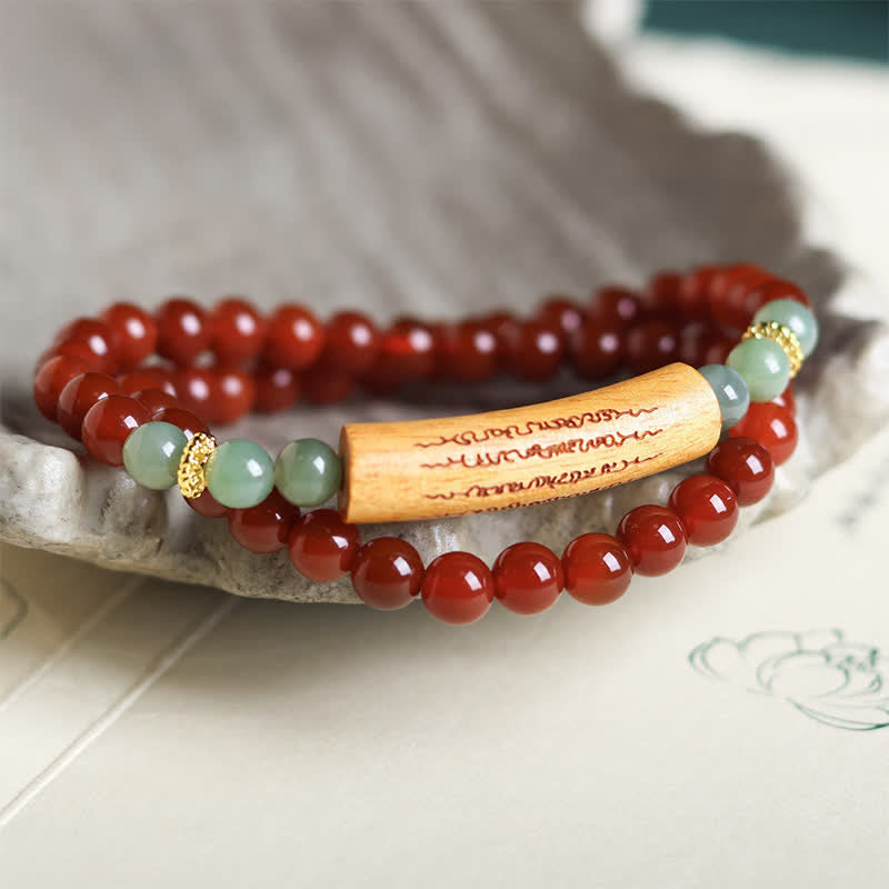 Buddha Stones Pulsera de equilibrio de doble vuelta con ágata roja y aventurina verde, con los cinco preceptos budistas. - image 2