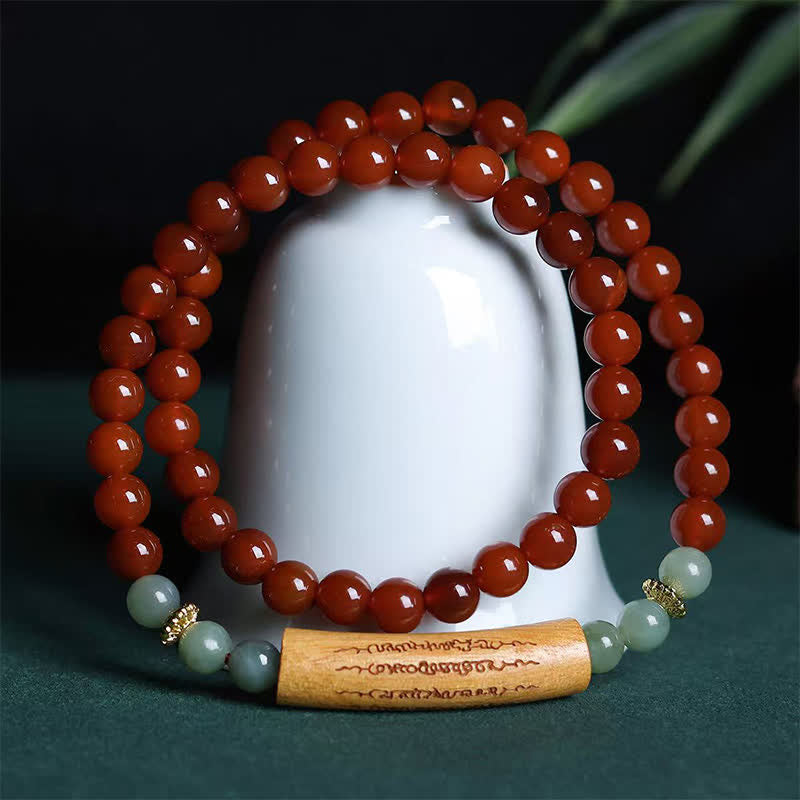 Buddha Stones Pulsera de equilibrio de doble vuelta con ágata roja y aventurina verde, con los cinco preceptos budistas. - image 1