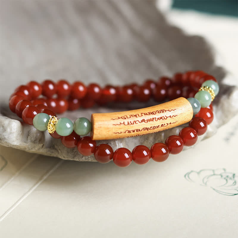 Buddha Stones Pulsera de equilibrio de doble vuelta con ágata roja y aventurina verde, con los cinco preceptos budistas. - Ágata roja Aventurina verde - image 0