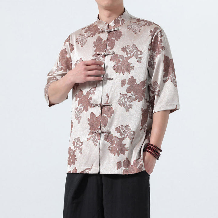 Buddha Stones Camisa de manga tres cuartos para hombre, estilo Summer Tang, con cuello mandarín, botones de rana y estampado floral jacquard. - Plata - US/UK/AU46, EU56 (5XL) - image 0