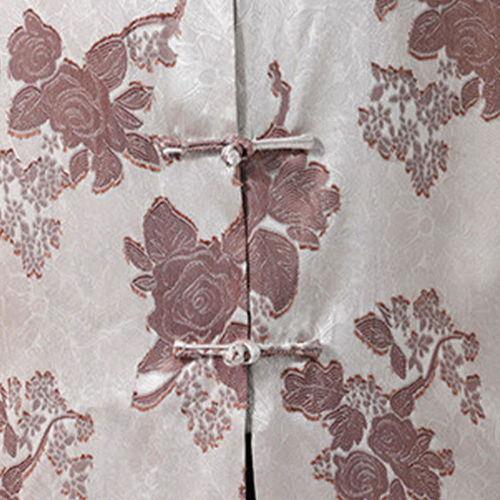 Buddha Stones Camisa de manga tres cuartos para hombre, estilo Summer Tang, con cuello mandarín, botones de rana y estampado floral jacquard. - image 9