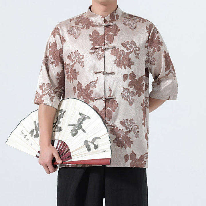 Buddha Stones Camisa de manga tres cuartos para hombre, estilo Summer Tang, con cuello mandarín, botones de rana y estampado floral jacquard. - image 1