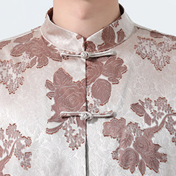 Buddha Stones Camisa de manga tres cuartos para hombre, estilo Summer Tang, con cuello mandarín, botones de rana y estampado floral jacquard. - image 8