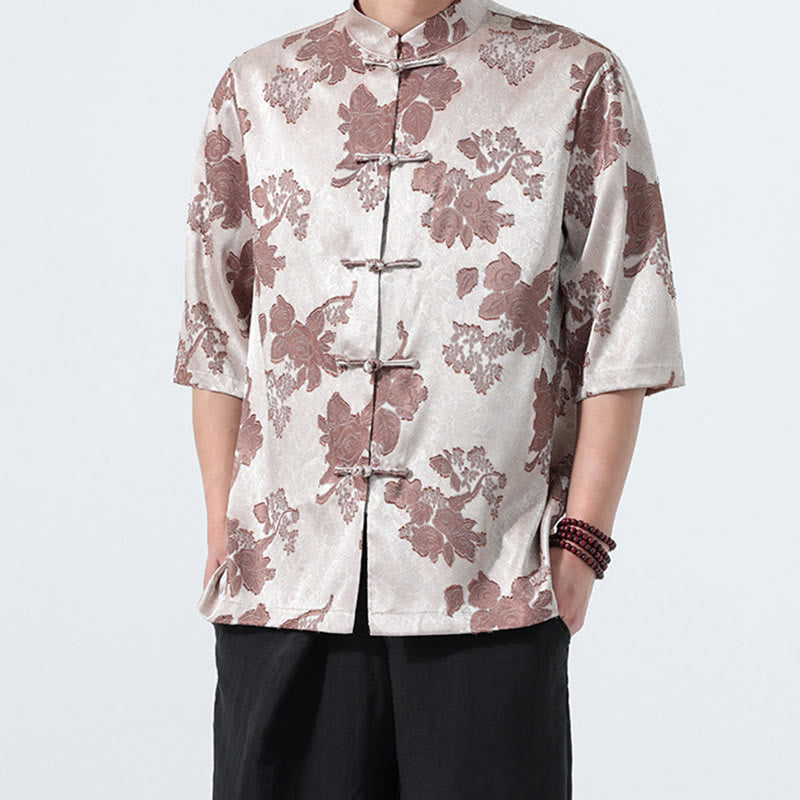 Buddha Stones Camisa de manga tres cuartos para hombre, estilo Summer Tang, con cuello mandarín, botones de rana y estampado floral jacquard. - image 5