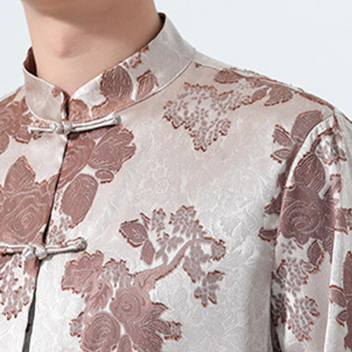Buddha Stones Camisa de manga tres cuartos para hombre, estilo Summer Tang, con cuello mandarín, botones de rana y estampado floral jacquard. - image 10