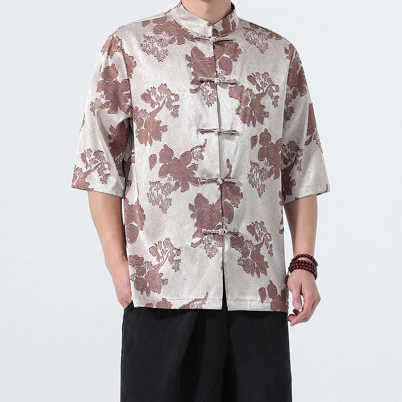 Buddha Stones Camisa de manga tres cuartos para hombre, estilo Summer Tang, con cuello mandarín, botones de rana y estampado floral jacquard. - image 7