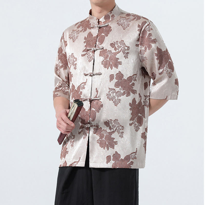 Buddha Stones Camisa de manga tres cuartos para hombre, estilo Summer Tang, con cuello mandarín, botones de rana y estampado floral jacquard. - image 6