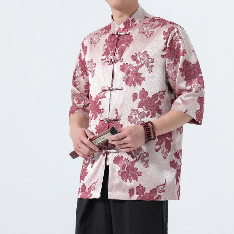 Buddha Stones Camisa de manga tres cuartos para hombre, estilo Summer Tang, con cuello mandarín, botones de rana y estampado floral jacquard. - rosa claro - US/UK/AU46, EU56 (5XL) - image 11