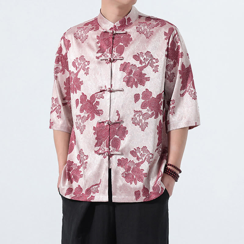 Buddha Stones Camisa de manga tres cuartos para hombre, estilo Summer Tang, con cuello mandarín, botones de rana y estampado floral jacquard. - image 13