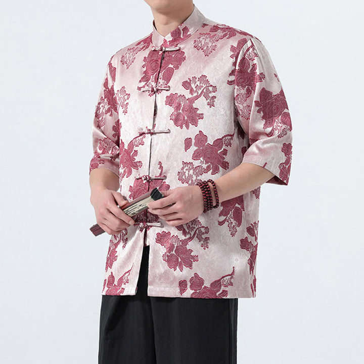 Buddha Stones Camisa de manga tres cuartos para hombre, estilo Summer Tang, con cuello mandarín, botones de rana y estampado floral jacquard. - image 17