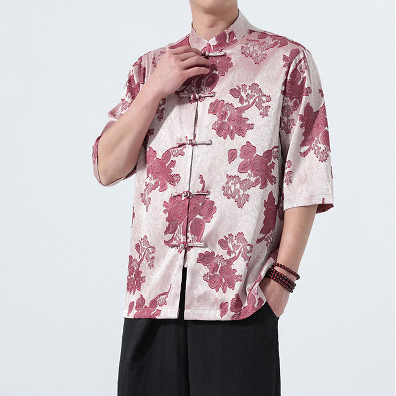 Buddha Stones Camisa de manga tres cuartos para hombre, estilo Summer Tang, con cuello mandarín, botones de rana y estampado floral jacquard. - image 14