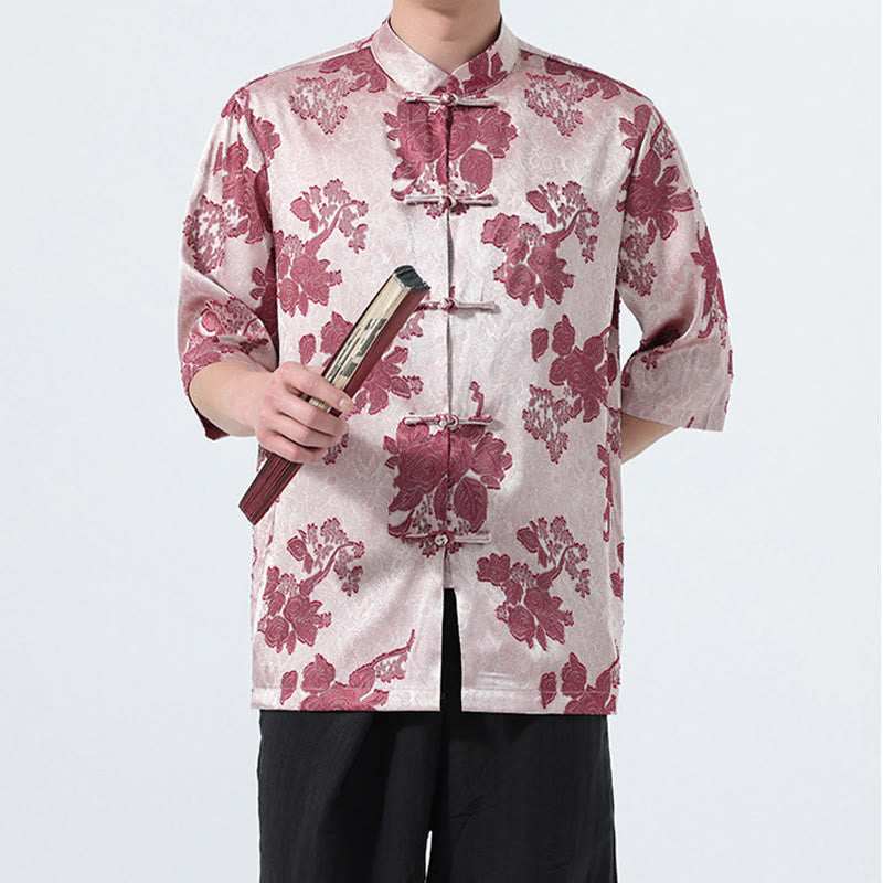 Buddha Stones Camisa de manga tres cuartos para hombre, estilo Summer Tang, con cuello mandarín, botones de rana y estampado floral jacquard. - image 18