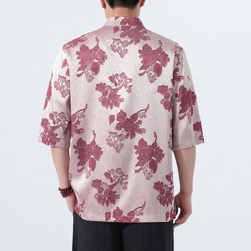 Buddha Stones Camisa de manga tres cuartos para hombre, estilo Summer Tang, con cuello mandarín, botones de rana y estampado floral jacquard. - image 15