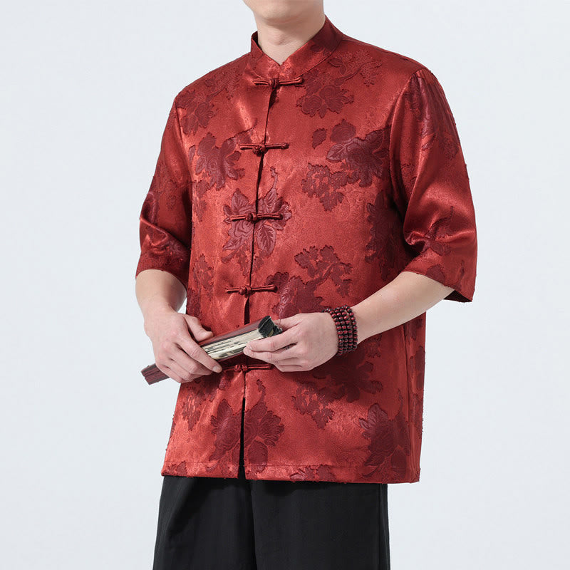 Buddha Stones Camisa de manga tres cuartos para hombre, estilo Summer Tang, con cuello mandarín, botones de rana y estampado floral jacquard. - Ladrillo refractario - US/UK/AU46, EU56 (5XL) - image 21