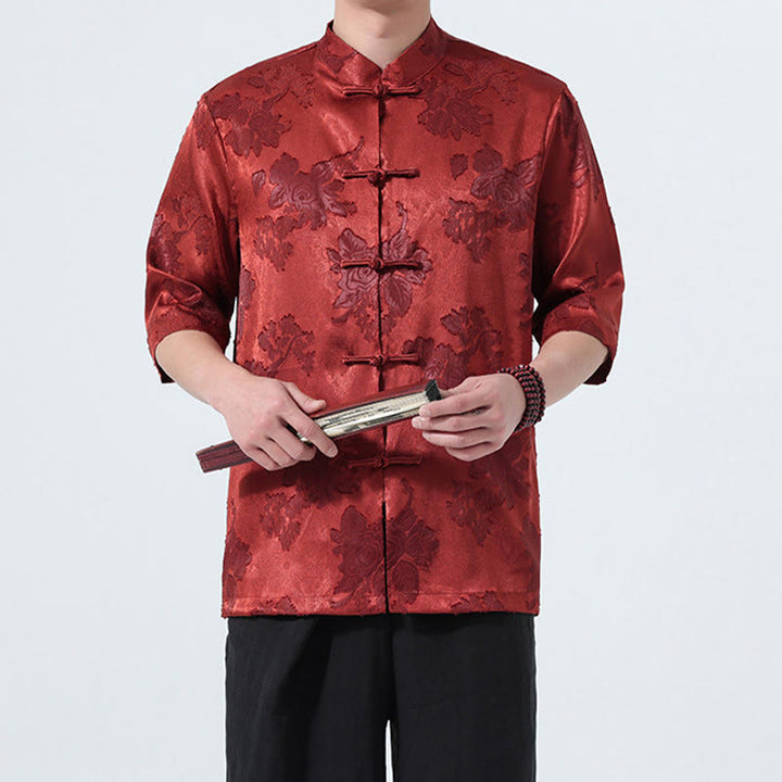 Buddha Stones Camisa de manga tres cuartos para hombre, estilo Summer Tang, con cuello mandarín, botones de rana y estampado floral jacquard. - image 22