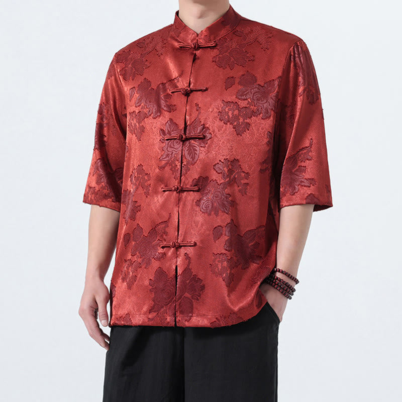 Buddha Stones Camisa de manga tres cuartos para hombre, estilo Summer Tang, con cuello mandarín, botones de rana y estampado floral jacquard. - image 30