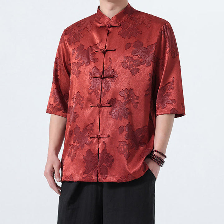 Buddha Stones Camisa de manga tres cuartos para hombre, estilo Summer Tang, con cuello mandarín, botones de rana y estampado floral jacquard. - image 30