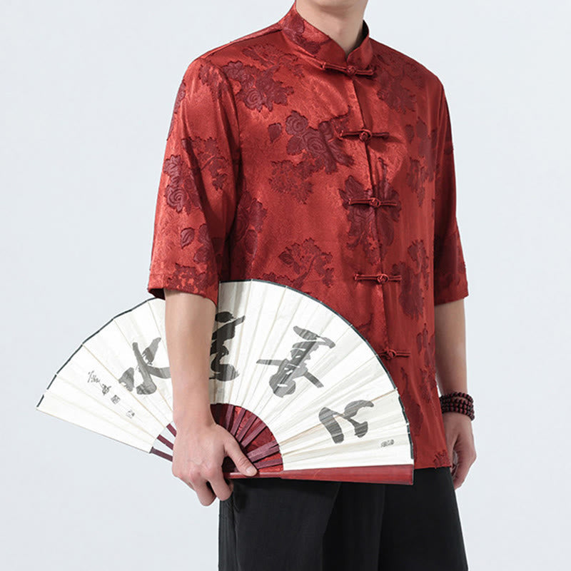 Buddha Stones Camisa de manga tres cuartos para hombre, estilo Summer Tang, con cuello mandarín, botones de rana y estampado floral jacquard. - image 27