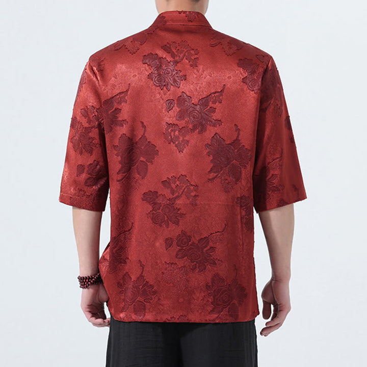 Buddha Stones Camisa de manga tres cuartos para hombre, estilo Summer Tang, con cuello mandarín, botones de rana y estampado floral jacquard. - image 25