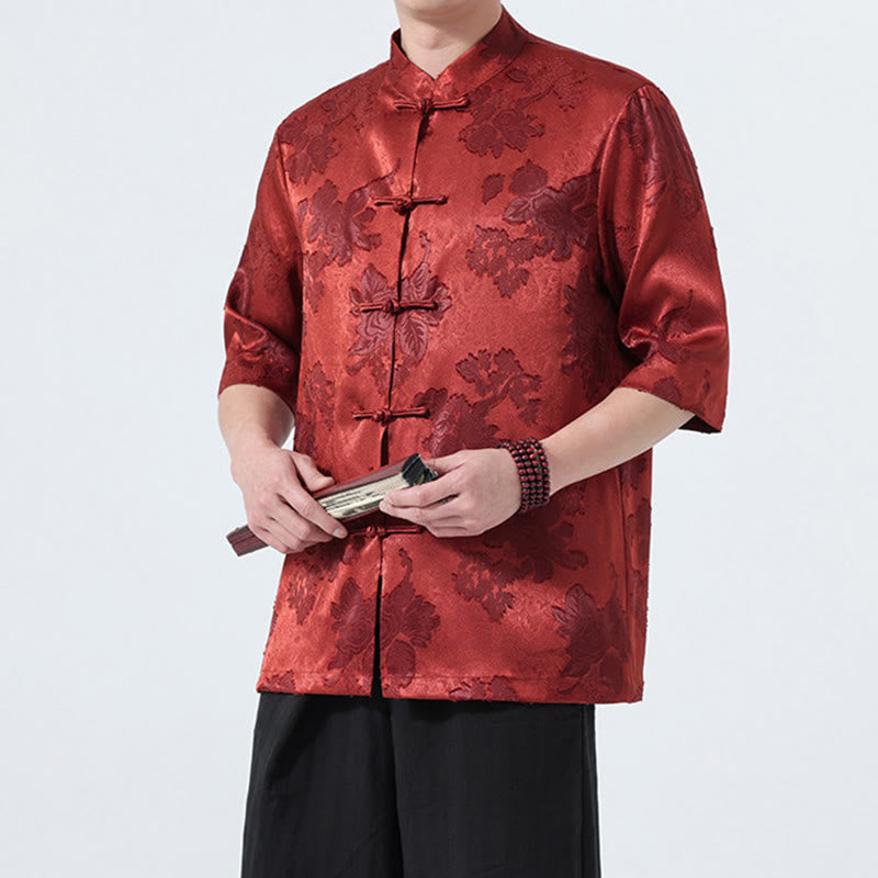 Buddha Stones Camisa de manga tres cuartos para hombre, estilo Summer Tang, con cuello mandarín, botones de rana y estampado floral jacquard. - image 26
