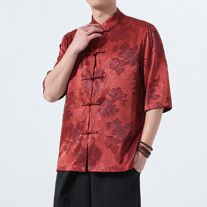 Buddha Stones Camisa de manga tres cuartos para hombre, estilo Summer Tang, con cuello mandarín, botones de rana y estampado floral jacquard. - image 23