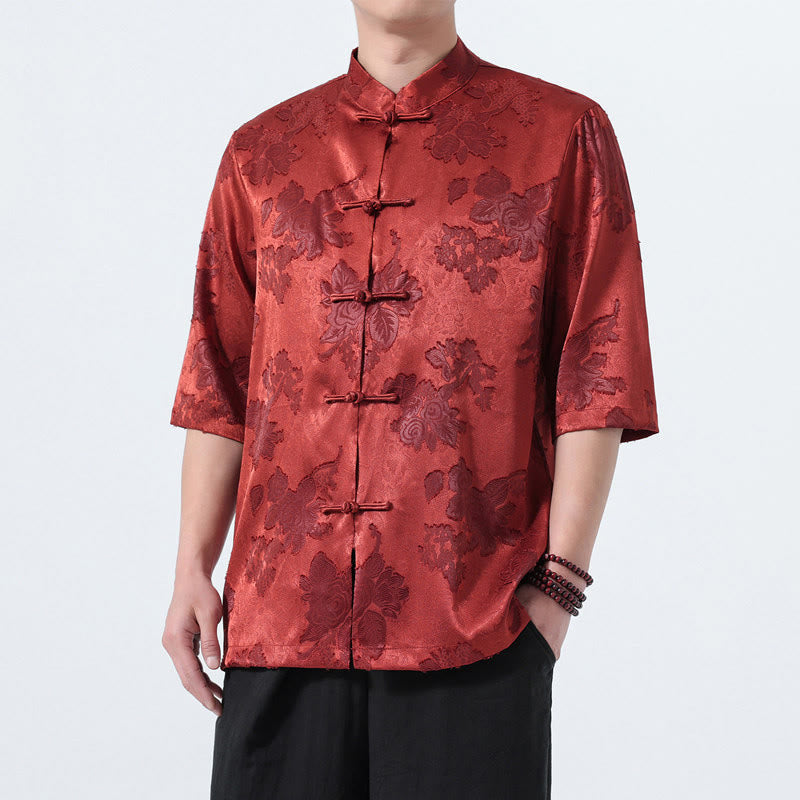 Buddha Stones Camisa de manga tres cuartos para hombre, estilo Summer Tang, con cuello mandarín, botones de rana y estampado floral jacquard. - image 29