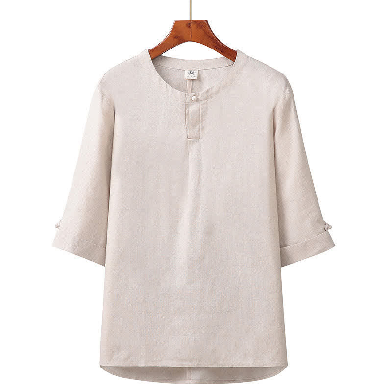 Buddha Stones Camisa minimalista de lino liso con botones y manga hasta el codo para hombre, ideal para primavera y verano. - Beige - US/UK/AU42, EU52 (3XL) - image 0