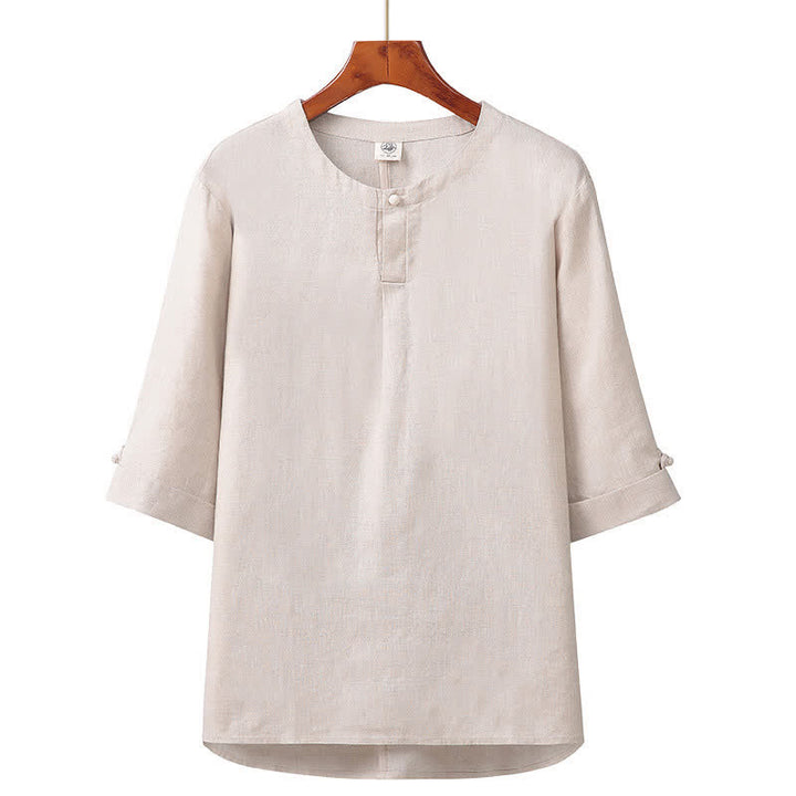Buddha Stones Camisa minimalista de lino liso con botones y manga hasta el codo para hombre, ideal para primavera y verano. - Beige - US/UK/AU42, EU52 (3XL) - image 0