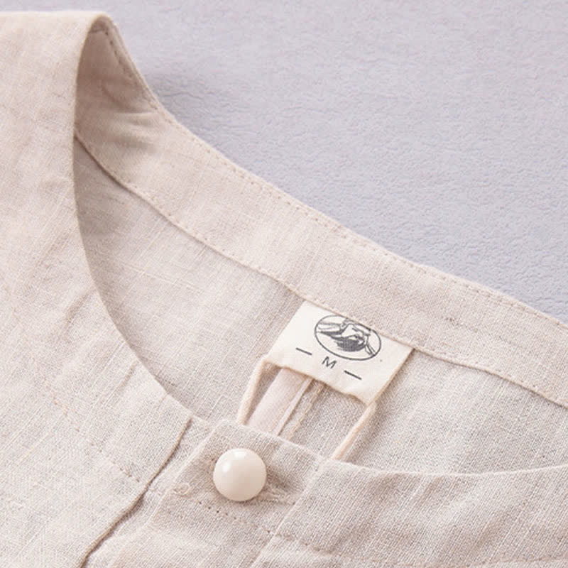 Buddha Stones Camisa minimalista de lino liso con botones y manga hasta el codo para hombre, ideal para primavera y verano. - image 2