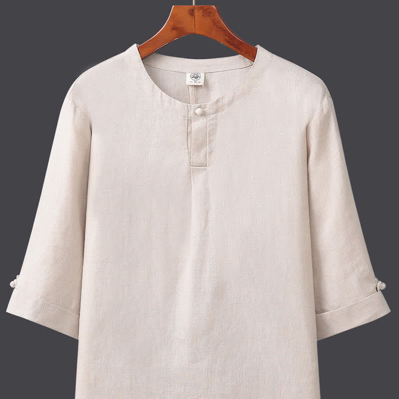 Buddha Stones Camisa minimalista de lino liso con botones y manga hasta el codo para hombre, ideal para primavera y verano. - image 1
